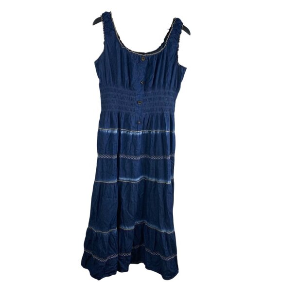 Indigo & Lace Dress Women's Smocked Midi Tiered Denim Blue 1X Boho Country - Picture 1 of 13